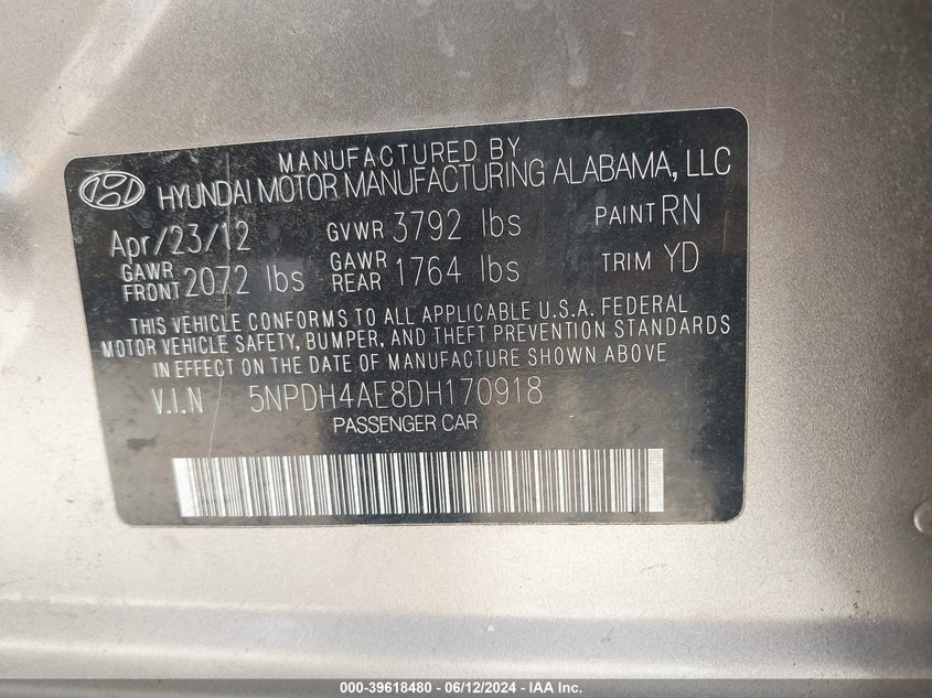 2013 Hyundai Elantra Gls VIN: 5NPDH4AE8DH170918 Lot: 39618480