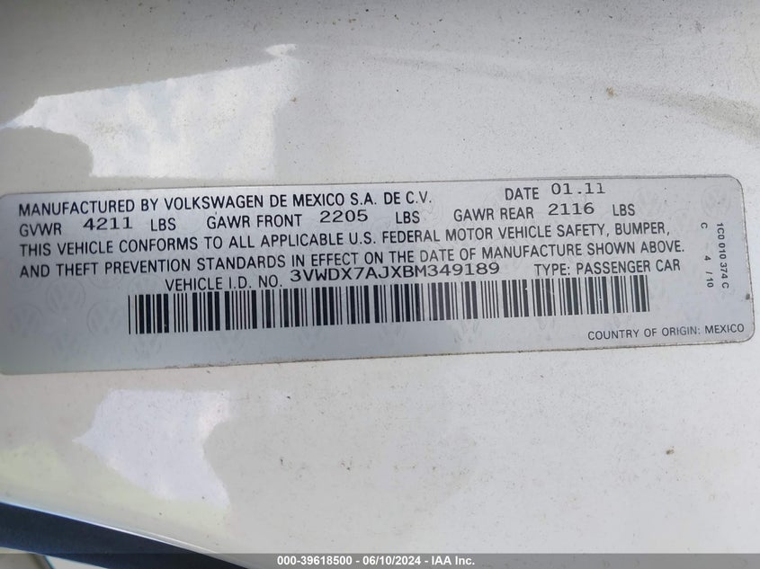 2011 Volkswagen Jetta 2.5L Se VIN: 3VWDX7AJXBM349189 Lot: 39618500