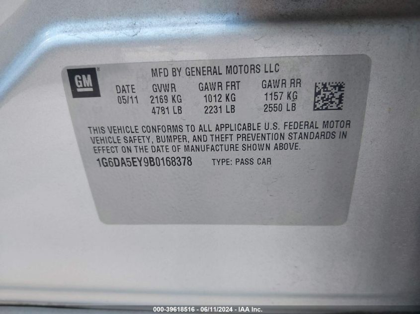 2011 Cadillac Cts VIN: 1G6DA5EY9B0168378 Lot: 39618516