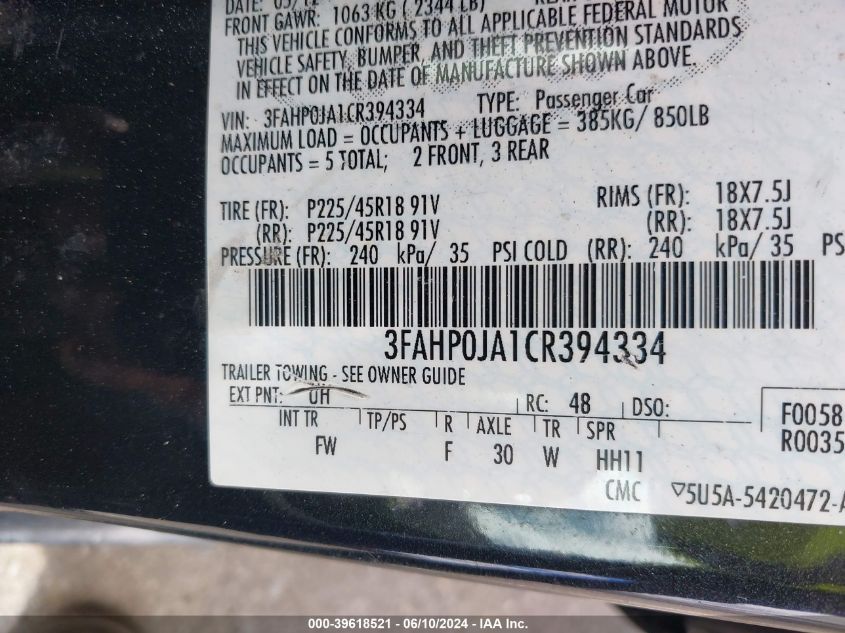 2012 Ford Fusion Sel VIN: 3FAHP0JA1CR394334 Lot: 39618521