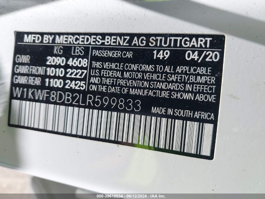 2020 Mercedes-Benz C 300 VIN: W1KWF8DB2LR599833 Lot: 39618534