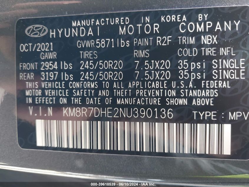 2022 Hyundai Palisade Calligraphy VIN: KM8R7DHE2NU390136 Lot: 39618539