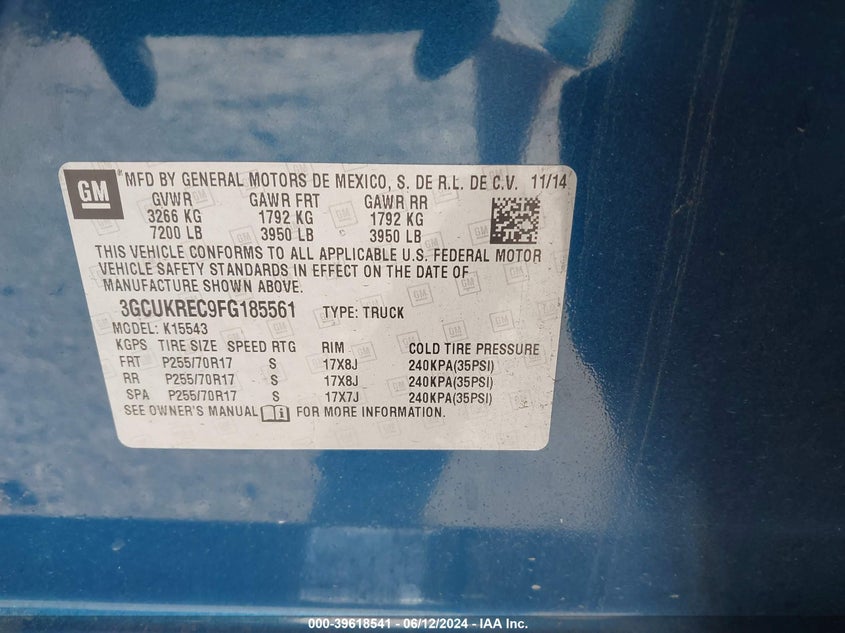 2015 Chevrolet Silverado 1500 1Lt VIN: 3GCUKREC9FG185561 Lot: 39618541