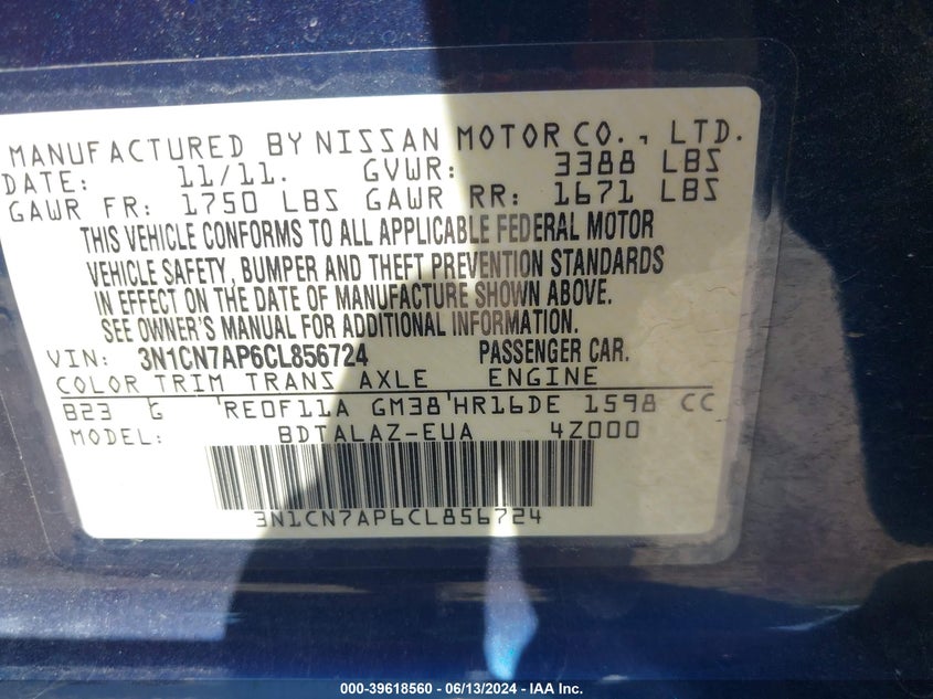 2012 Nissan Versa 1.6 S VIN: 3N1CN7AP6CL856724 Lot: 39618560