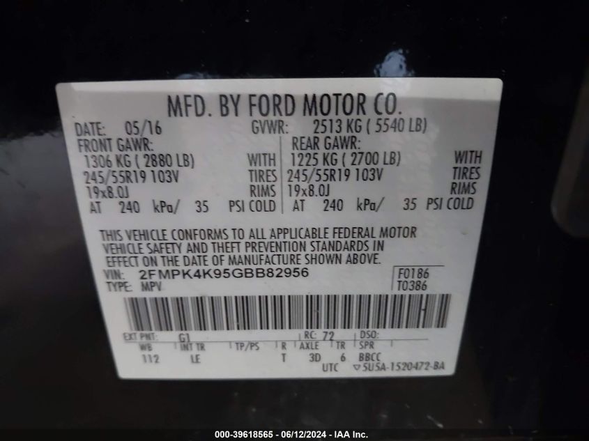 2016 Ford Edge Titanium VIN: 2FMPK4K95GBB82956 Lot: 39618565