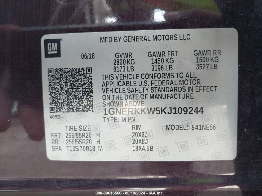 2019 Chevrolet Traverse Premier VIN: 1GNERKKW5KJ109244 Lot: 39618566