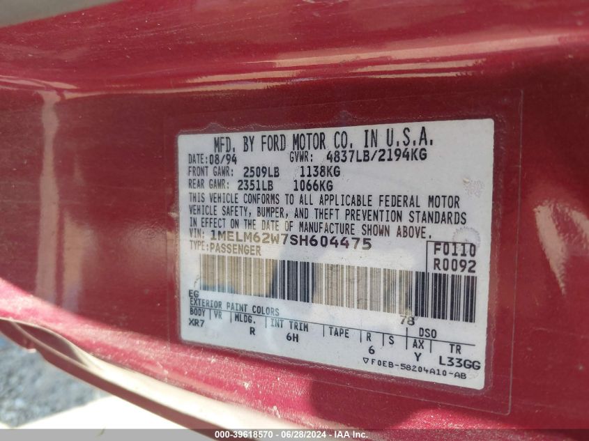 1995 Mercury Cougar Xr7 VIN: 1MELM62W7SH604475 Lot: 39618570