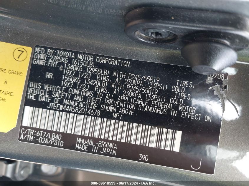 2008 Toyota Highlander Hybrid Limited VIN: JTEEW44A582014678 Lot: 39618599