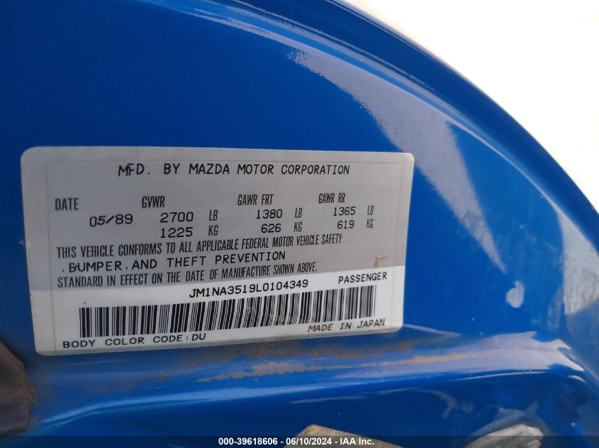 1990 Mazda Mx-5 Miata VIN: JM1NA3519L0104349 Lot: 39618606