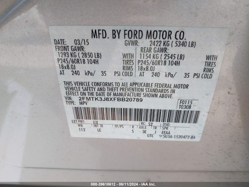 2FMTK3J8XFBB20789 2015 Ford Edge Sel