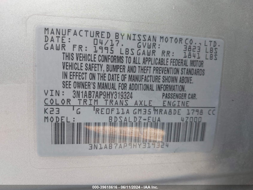 2017 Nissan Sentra Sv VIN: 3N1AB7AP9HY319324 Lot: 39618616