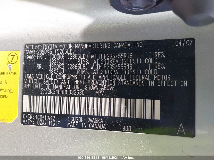 2008 Lexus Rx 350 VIN: 2T2GK31U38C032630 Lot: 39618618