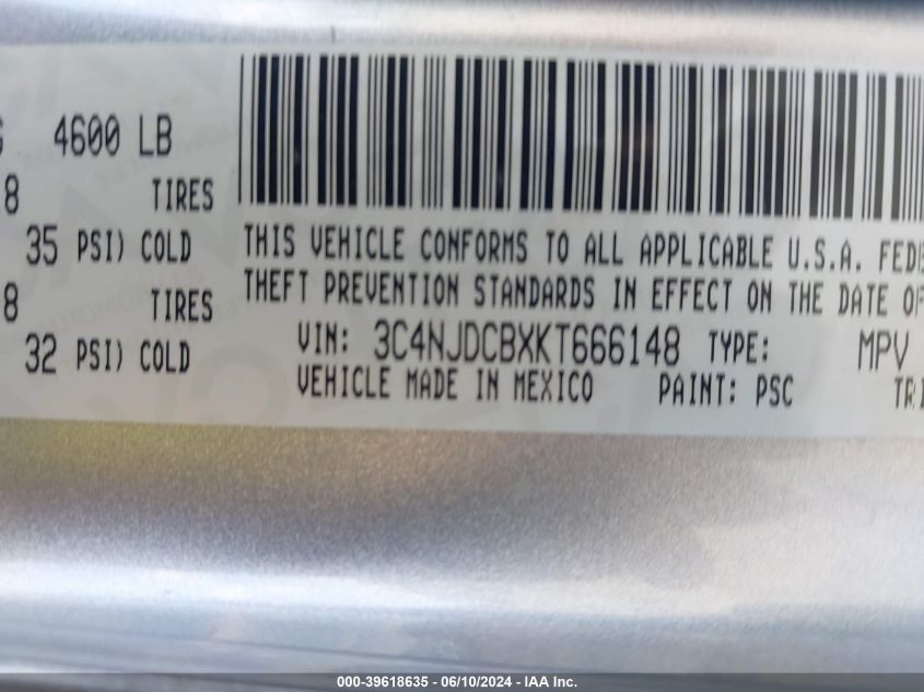 2019 Jeep Compass Limited 4X4 VIN: 3C4NJDCBXKT666148 Lot: 39618635