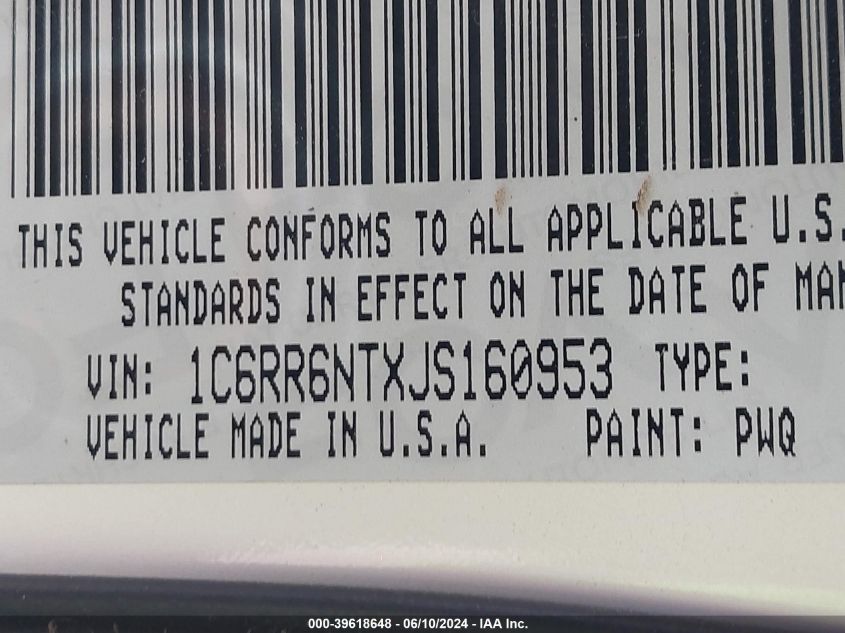2018 Ram 1500 Laramie 4X2 5'7 Box VIN: 1C6RR6NTXJS160953 Lot: 39618648