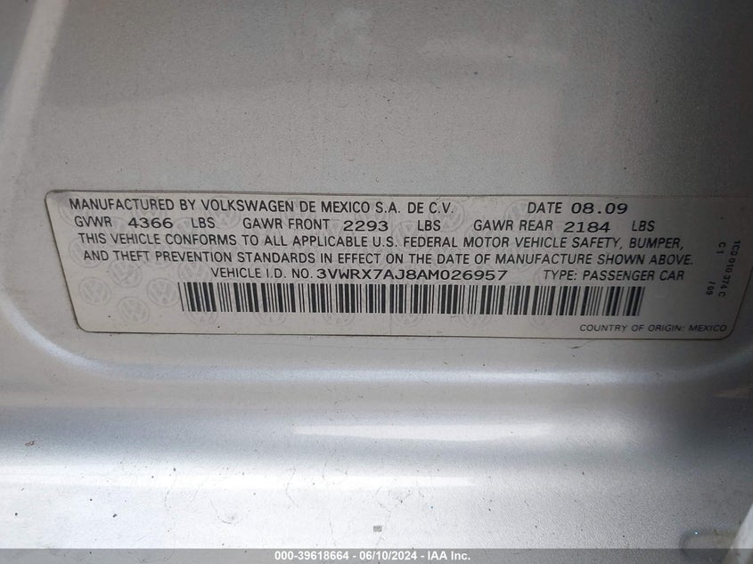 2010 Volkswagen Jetta Se VIN: 3VWRX7AJ8AM026957 Lot: 39618664