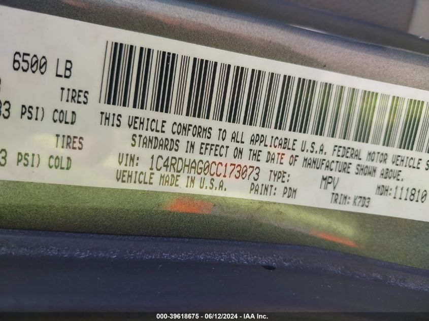 2012 Dodge Durango Sxt VIN: 1C4RDHAG0CC173073 Lot: 39618675