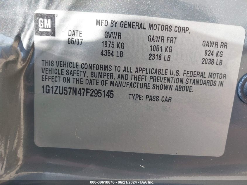 2007 Chevrolet Malibu Ltz VIN: 1G1ZU57N47F295145 Lot: 39618676
