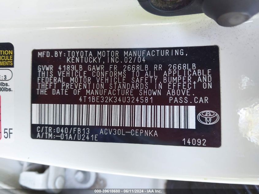 2004 Toyota Camry Le VIN: 4T1BE32K34U324581 Lot: 39618680