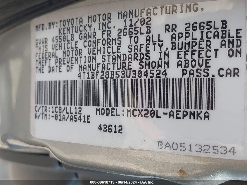 2003 Toyota Avalon Xl VIN: 4T1BF28B53U304524 Lot: 39618719