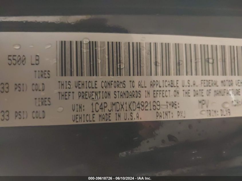 2019 Jeep Cherokee Limited 4X4 VIN: 1C4PJMDX1KD492169 Lot: 39618726