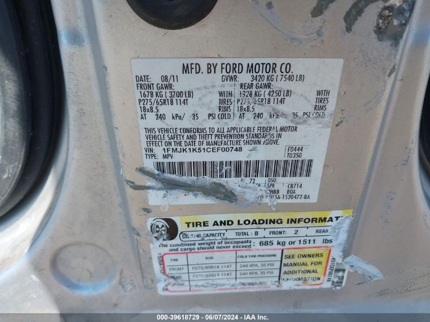 2012 Ford Expedition El Limited VIN: 1FMJK1K51CEF00748 Lot: 39618729