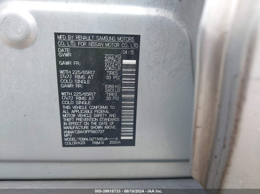 2015 Nissan Rogue Sv VIN: KNMAT2MV3FP560737 Lot: 39618733