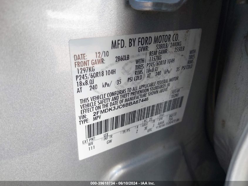 2011 Ford Edge Sel VIN: 2FMDK3JC6BBA67446 Lot: 39618734