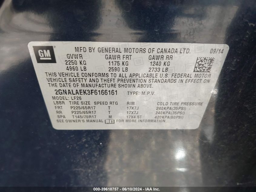 2015 Chevrolet Equinox Ls VIN: 2GNALAEK3F6166161 Lot: 39618757