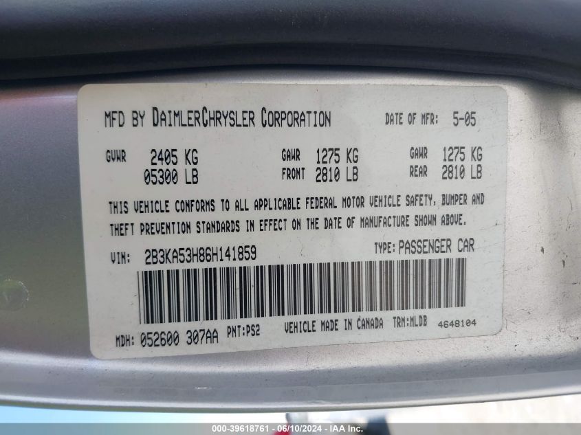 2006 Dodge Charger Rt VIN: 2B3KA53H86H141859 Lot: 39618761