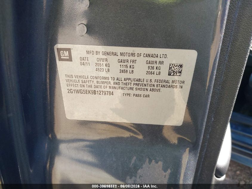 2011 Chevrolet Impala Lt VIN: 2G1WG5EK9B1279784 Lot: 39618771