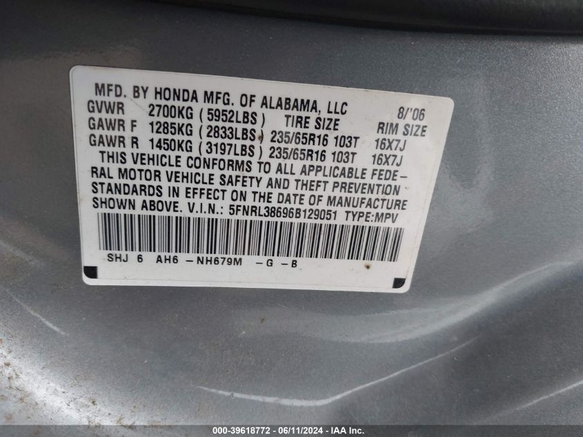 2006 Honda Odyssey Ex-L VIN: 5FNRL38696B129051 Lot: 39618772