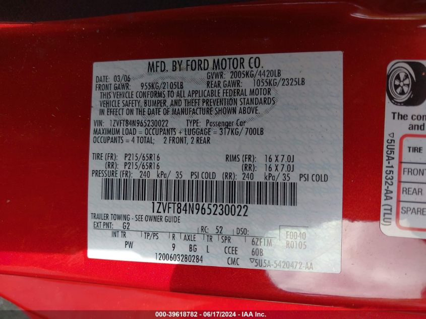 2006 Ford Mustang V6 VIN: 1ZVFT84N965230022 Lot: 39618782