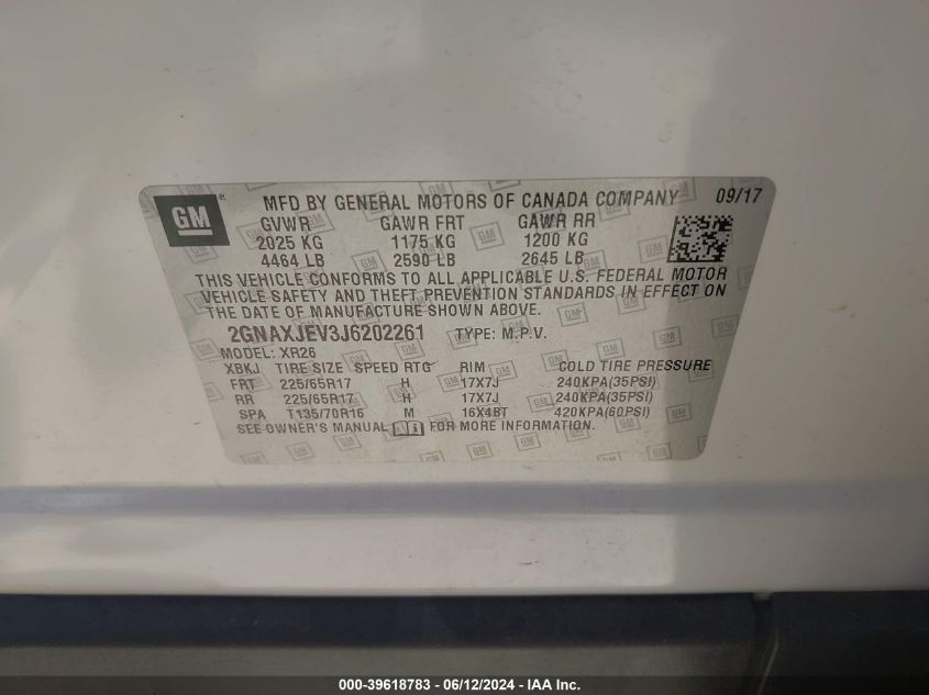 2018 Chevrolet Equinox Lt VIN: 2GNAXJEV3J6202261 Lot: 39618783