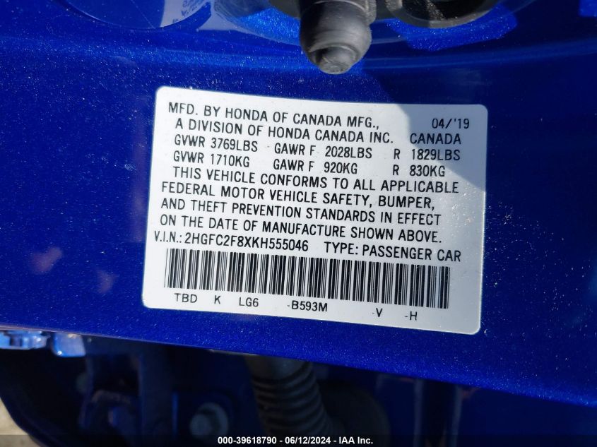 2019 Honda Civic Sport VIN: 2HGFC2F8XKH555046 Lot: 39618790