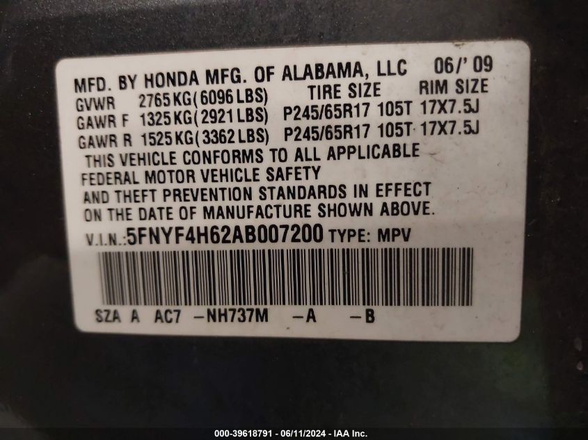 2010 Honda Pilot Ex-L VIN: 5FNYF4H62AB007200 Lot: 39618791