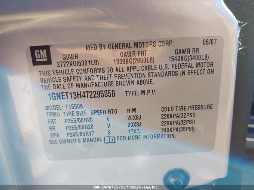 2007 Chevrolet Trailblazer Ss VIN: 1GNET13H472295050 Lot: 39618795