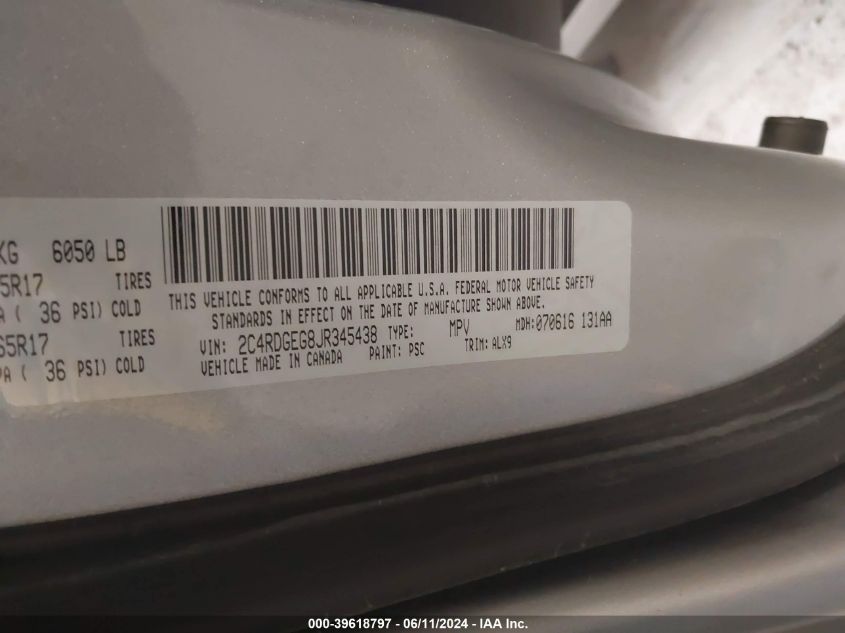 2018 Dodge Grand Caravan Gt VIN: 2C4RDGEG8JR345438 Lot: 39618797