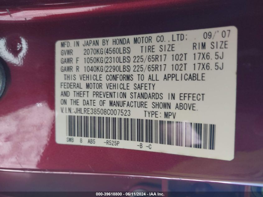 2008 Honda Cr-V Ex VIN: JHLRE38508C007523 Lot: 39618800