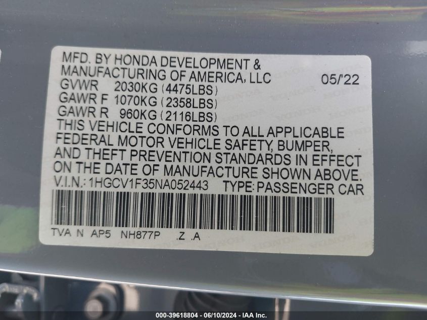 2022 Honda Accord Sport VIN: 1HGCV1F35NA052443 Lot: 39618804