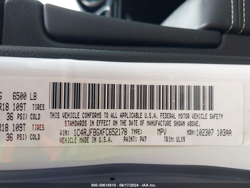 2015 Jeep Grand Cherokee Limited VIN: 1C4RJFBGXFC652178 Lot: 39618810