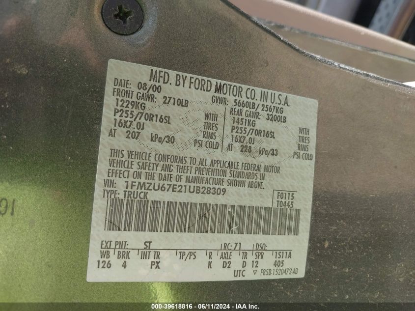 2001 Ford Explorer Sport Trac VIN: 1FMZU67E21UB28309 Lot: 39618816