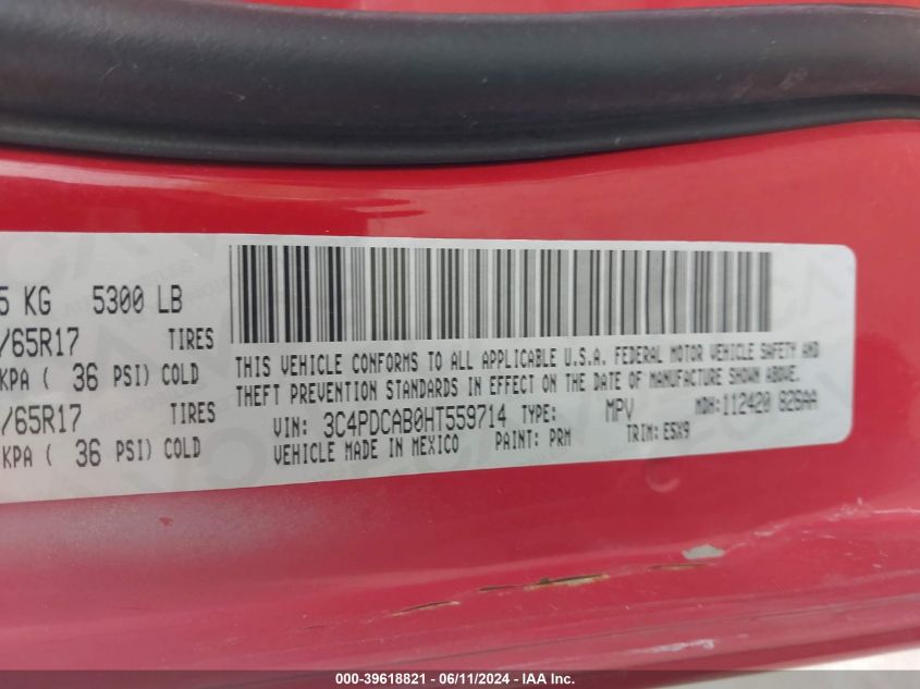 2017 Dodge Journey Se VIN: 3C4PDCAB0HT559714 Lot: 39618821