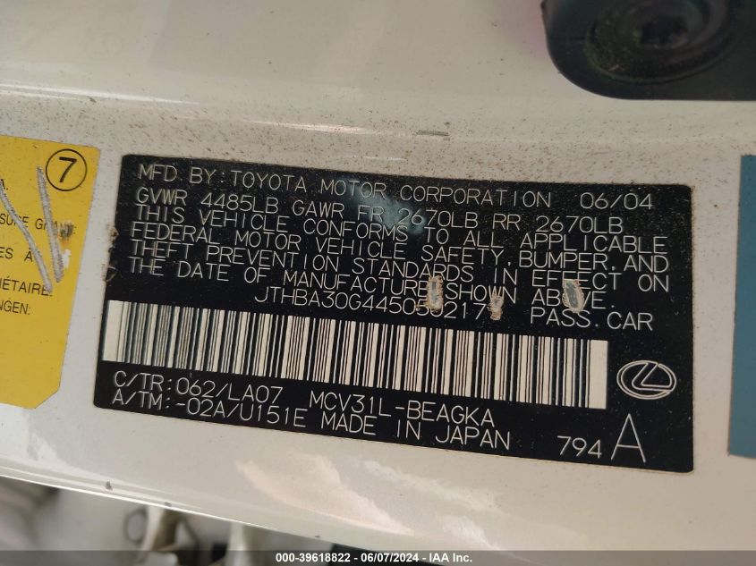 2004 Lexus Es 330 VIN: JTHBA30G445050217 Lot: 39618822