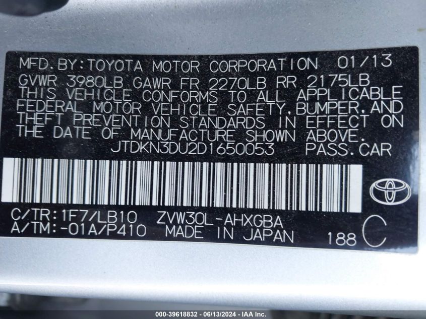 2013 Toyota Prius Five VIN: JTDKN3DU2D1650053 Lot: 39618832