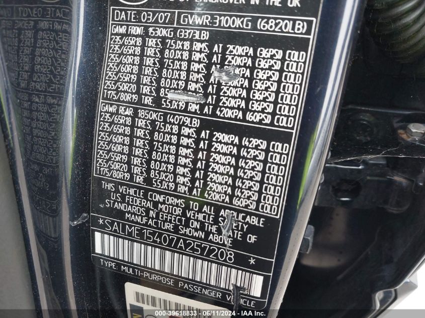 2007 Land Rover Range Rover Hse VIN: SALME15407A257208 Lot: 39618833