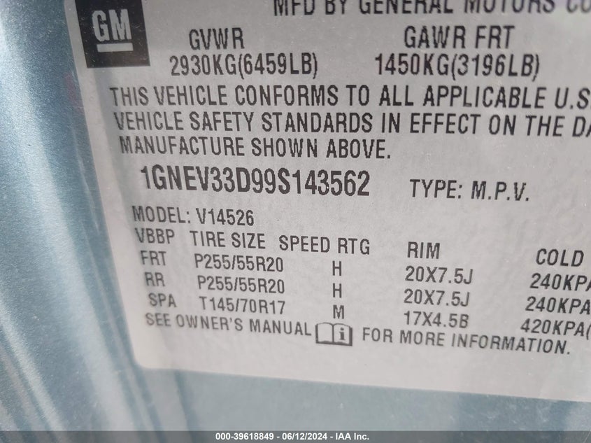 2009 Chevrolet Traverse Ltz VIN: 1GNEV33D99S143562 Lot: 39618849