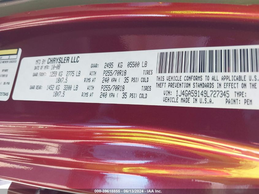 2009 Jeep Wrangler Unlimited Sahara VIN: 1J4GA59149L727345 Lot: 39618855