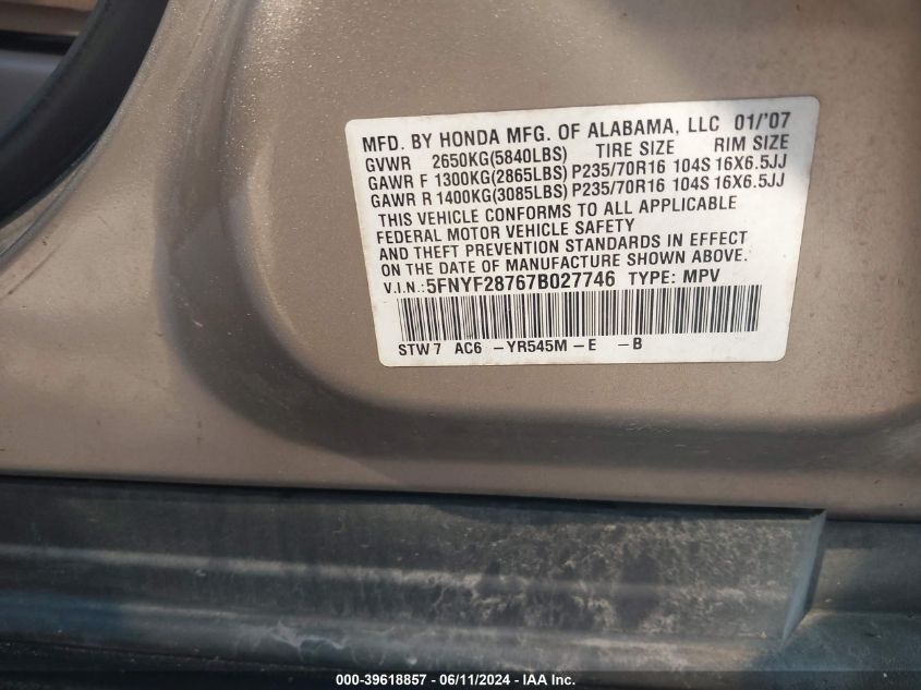 2007 Honda Pilot Ex-L VIN: 5FNYF28767B027746 Lot: 39618857