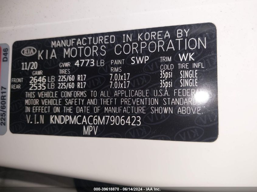 2021 Kia Sportage Lx VIN: KNDPMCAC6M7906423 Lot: 39618870