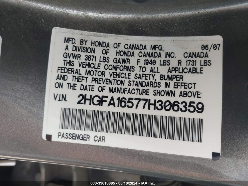 2007 Honda Civic Lx VIN: 2HGFA16577H306359 Lot: 39618885